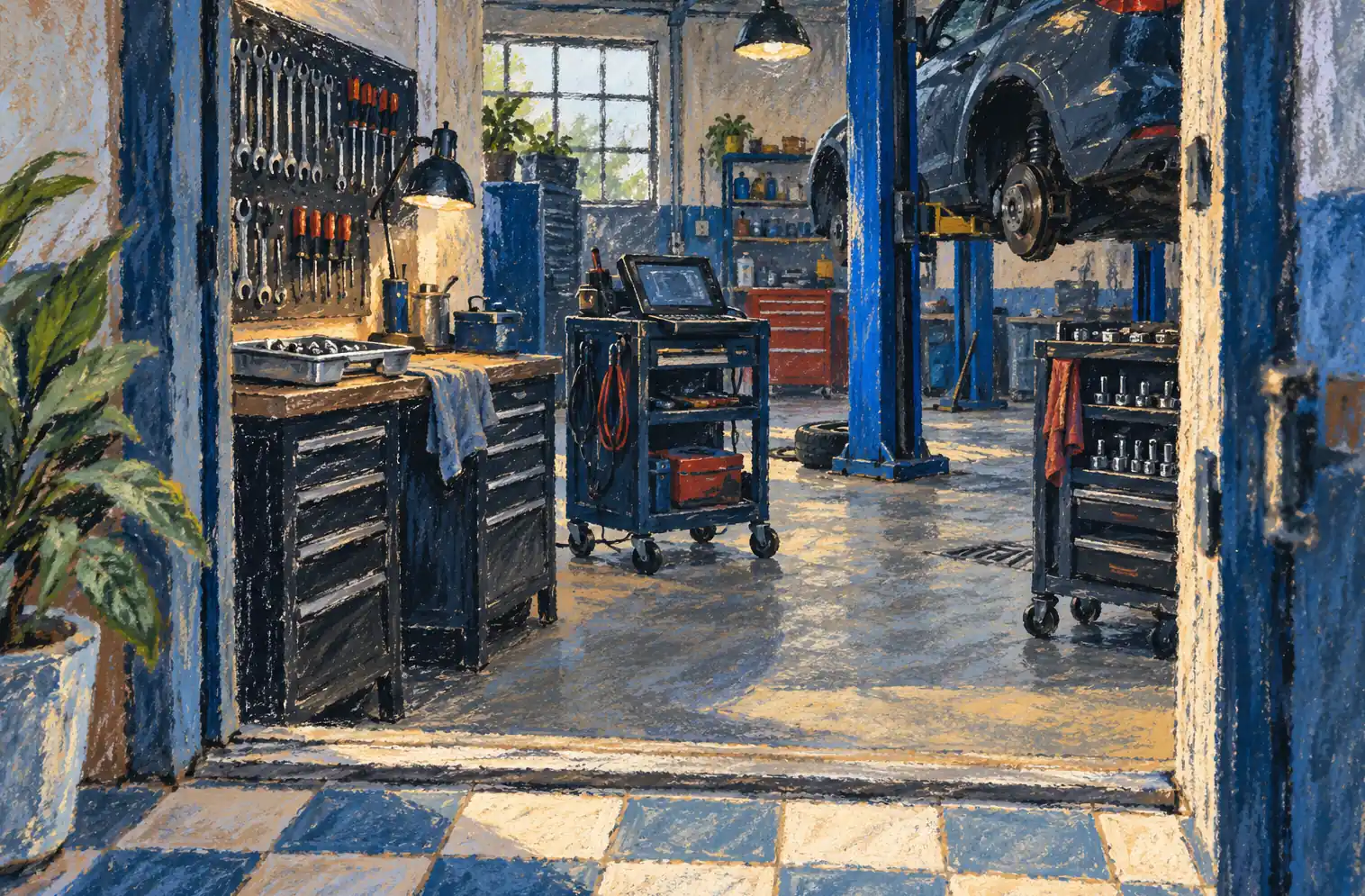 Illustration of auto repair shops and their working space