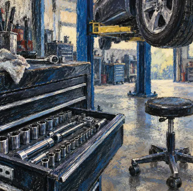 Illustration of auto repair shops equipment and workspace